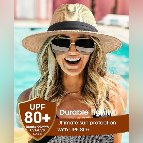 Furtalk Accessories - FURTALK Womens Mens Wide Brim Straw Panama Hat Fedora Sun Hats Straw Hat
UPF 80+
